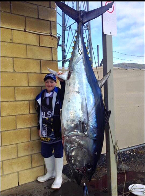 ANGLER: Toby Nichols (10 yrs old) SPECIES: Southern Bluefin Tuna  WEIGHT: 121kg. LURE: 8" JB Lures Little Dingo.